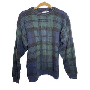 VTG 90s Mens Medium Plaid Knit Baggy Sweater Cosby Vintage Retro Cotton Blue